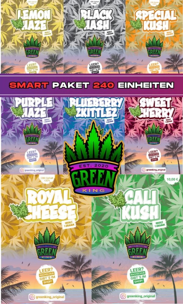 Verpackungen verschiedener Cannabis-Sorten mit unterschiedlichen Farben und Designs.