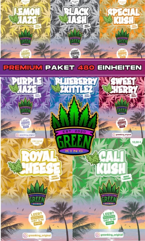 Verpackungen von verschiedenen Cannabis-Sorten, darunter Lemon Haze, Black Kush und Special Kush.