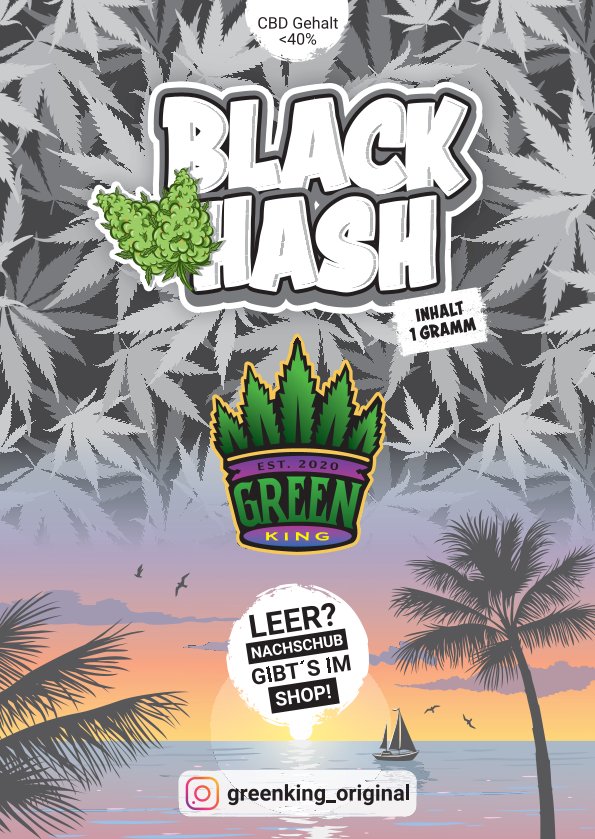 Verpackung von Black Hash mit CBD Gehalt unter 40% und Logo von GreenKing.