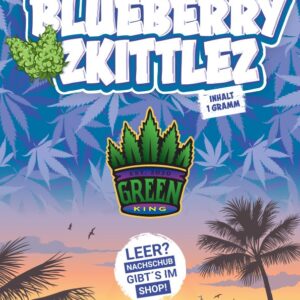 Verpackung von Blueberry Zkittlez mit grünen Blättern und dem Logo von Green King.