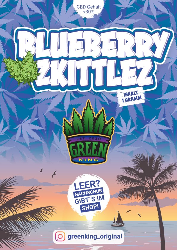 Verpackung von Blueberry Zkittlez mit grünen Blättern und dem Logo von Green King.