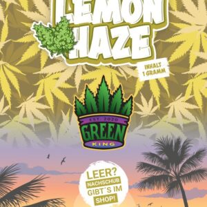 Verpackung von Lemon Haze mit Hanfblättern und Logo von Green King.