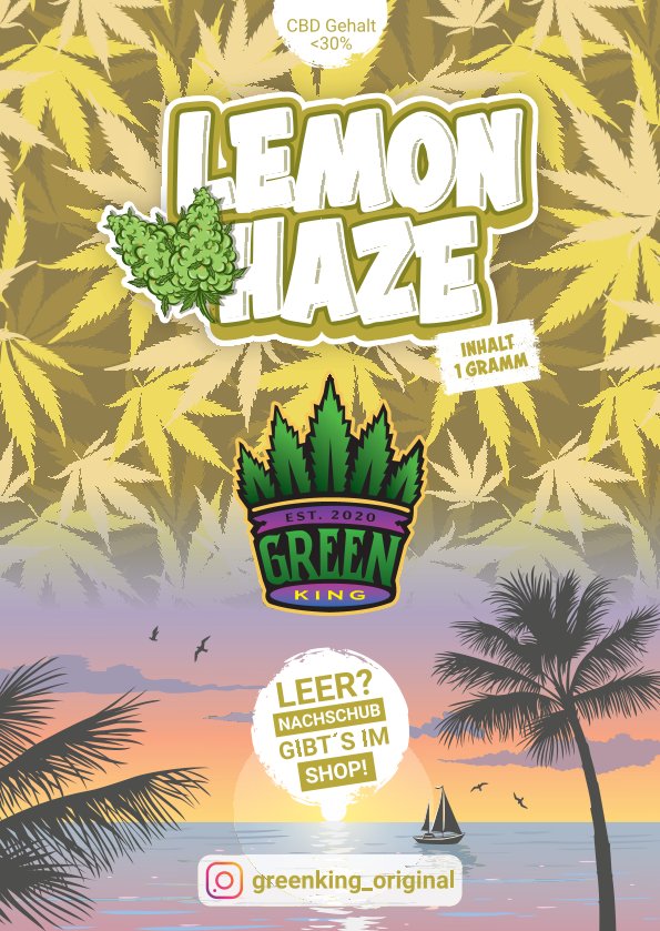 Verpackung von Lemon Haze mit Hanfblättern und Logo von Green King.