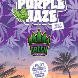 Verpackung der Purple Haze mit dem Green King Logo und Cannabisblättern im Hintergrund.