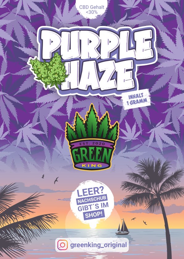Verpackung der Purple Haze mit dem Green King Logo und Cannabisblättern im Hintergrund.