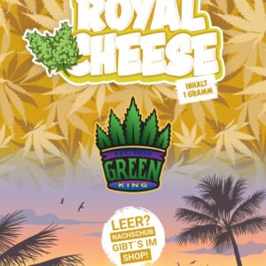 Verpackung von Royal Cheese mit Hanfblättern und dem Logo von Green King.