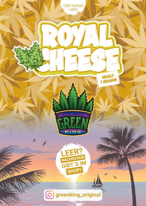 Verpackung von Royal Cheese mit Hanfblättern und dem Logo von Green King.