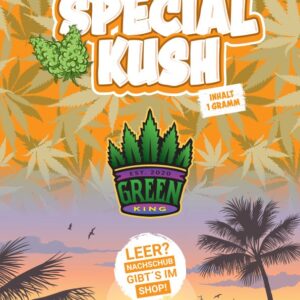 Verpackung von Special Kush mit grünen Hanfblättern und dem Logo von Green King.