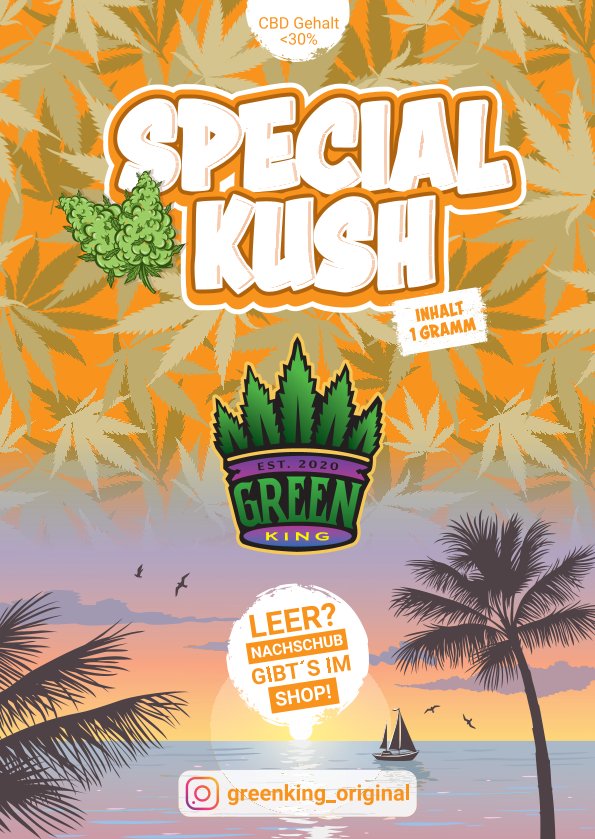 Verpackung von Special Kush mit grünen Hanfblättern und dem Logo von Green King.