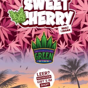 Verpackung für Sweet Cherry mit grüner Schrift und Hanfblatt-Design von GreenKing.