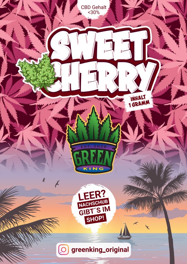 Verpackung für Sweet Cherry mit grüner Schrift und Hanfblatt-Design von GreenKing.