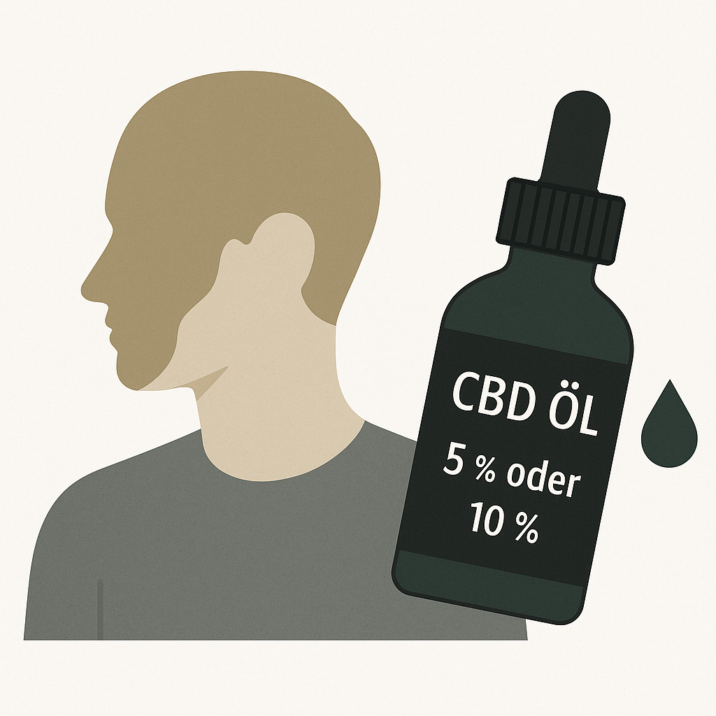 Illustration einer CBD Öl Flasche mit 5% oder 10% auf einem neutralen Hintergrund.