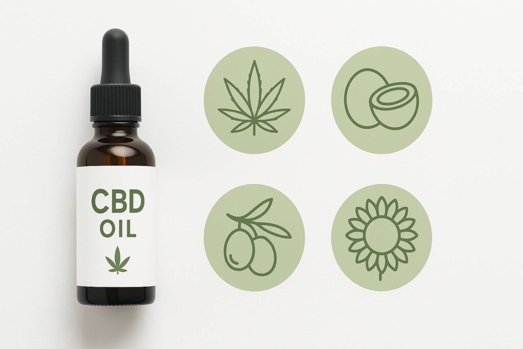 Braune Glasflasche mit CBD-Öl und vier Symbolen auf grünem Hintergrund.